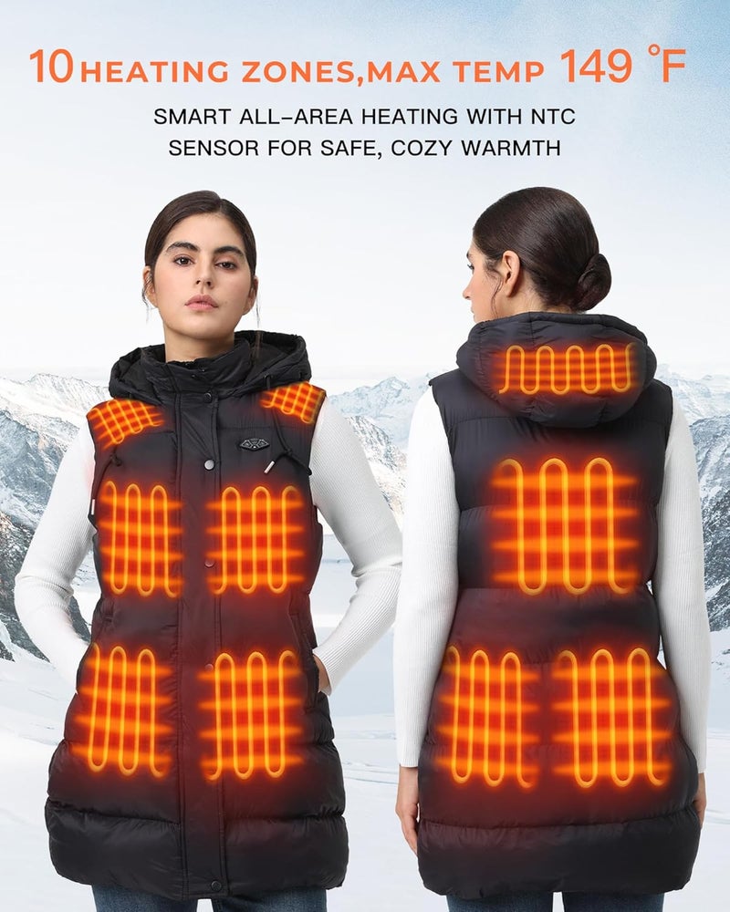 Topdot Store Long Puffer Heated Vest for Women with 16000mAh Battery Pack, 10 Heating Zones Hooded Winter Women's Heated Vest Outwear - Image 2